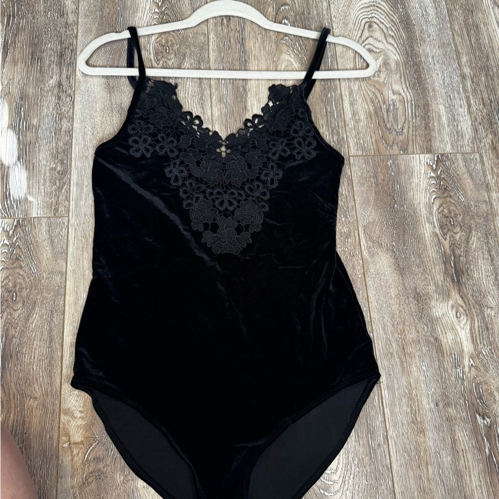 Xhilaration Black Velvet Lace-Trim Bodysuit with Floral V-Neck